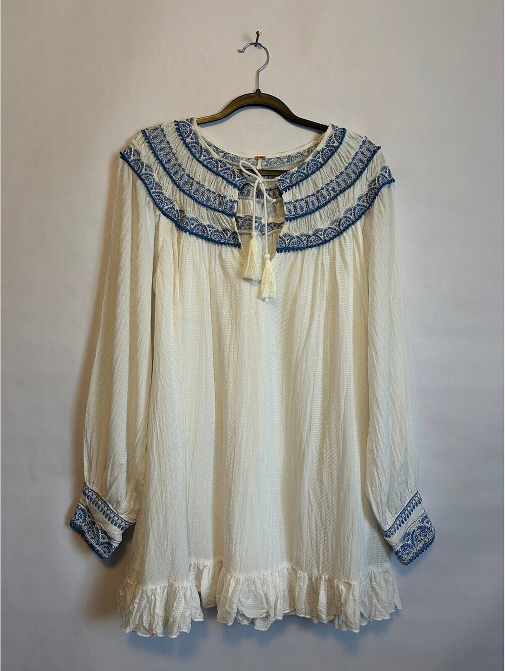 Free People "Erin" Embroidered Ivory/Blue Boho Mini Dress M